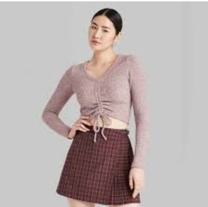 Women's Long Sleeve V-Neck Ruched Front Fitted Sweater Knit T-Shirt - Wild Fable